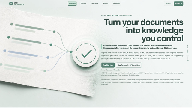 The top of the GI JI Foundation home page, with its pale paper source flow and right-aligned launch message.