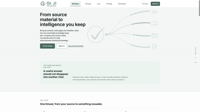 The top of the GI JI home page in the Sage Mist state, with source materials flowing into a reviewed result beside the launch message.