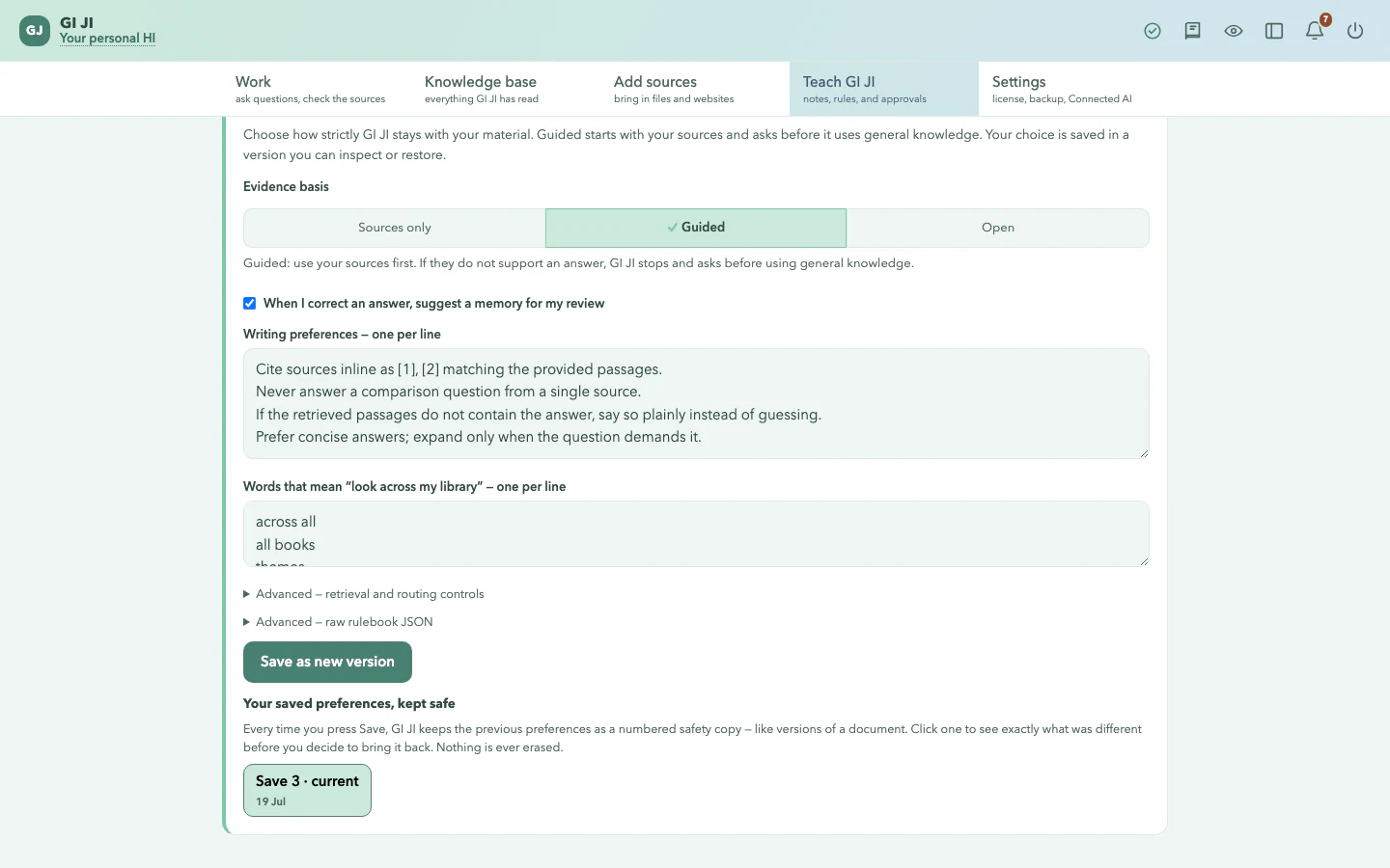 GI JI Teach screen showing Sources only, Guided, and Open evidence boundaries with Guided selected