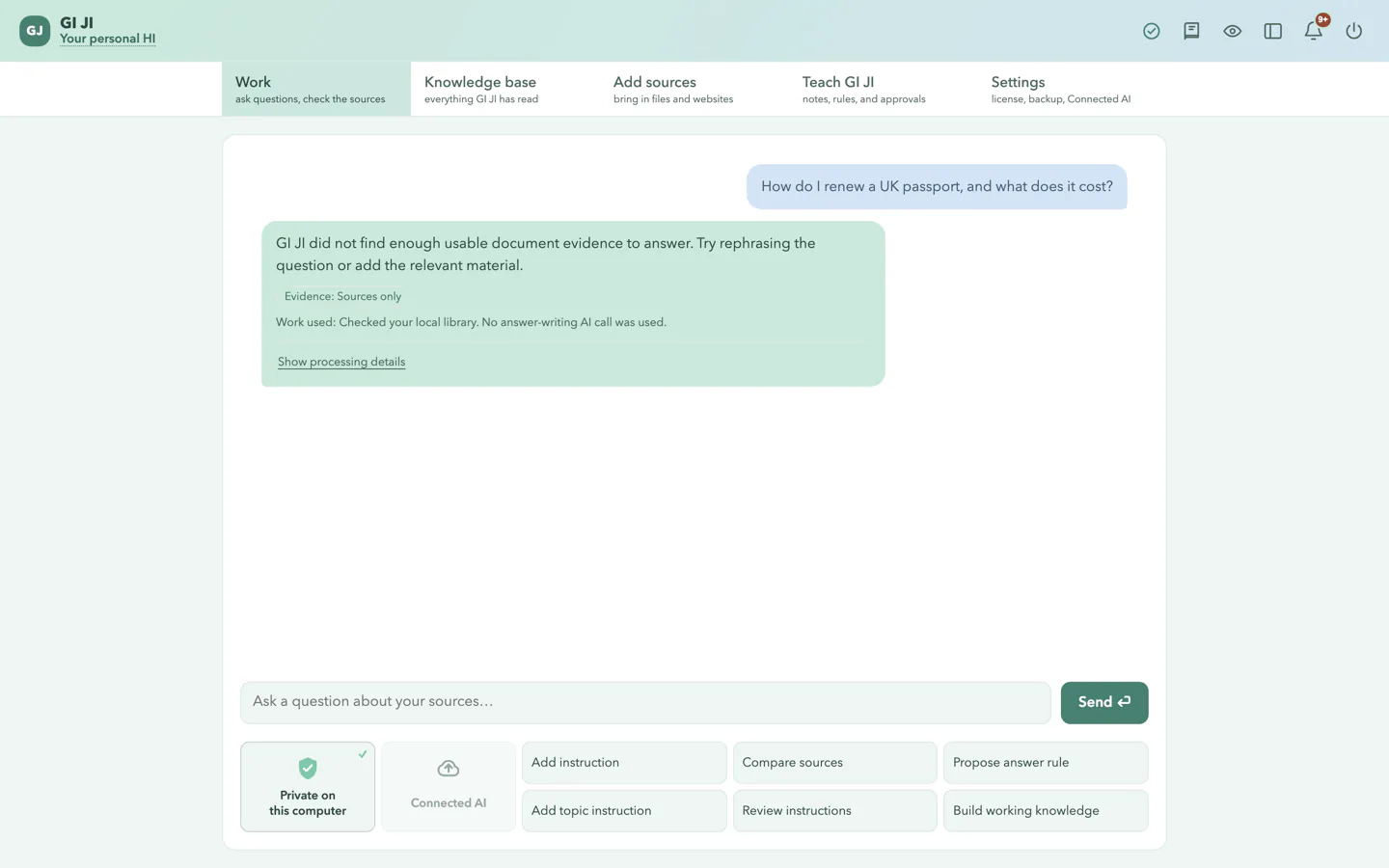 GI JI Work screen in Sources only mode replying that it did not find enough document evidence to answer, with no answer written and a note that no answer-writing AI call was used