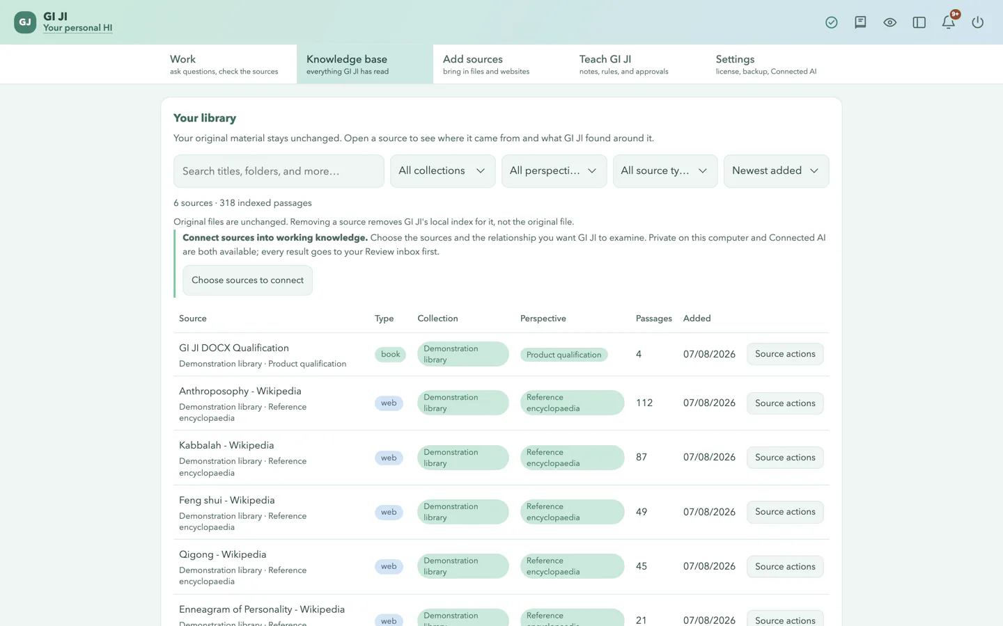 GI JI Knowledge Base showing six organized demonstration sources with collection, perspective, source type, passage counts, and filters