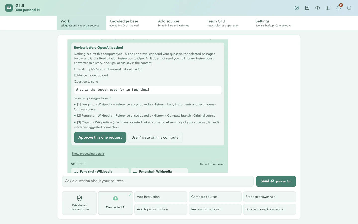 GI JI previewing a Connected AI request before approval: provider, model, one request, approximate size, the question, and each selected passage, with Approve this one request and Use Private on this computer side by side