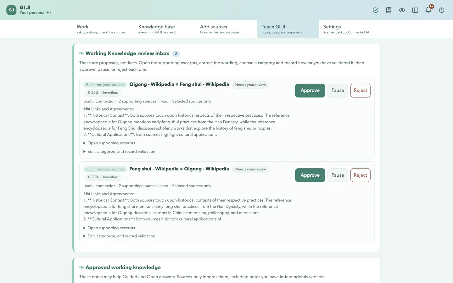 GI JI Teach screen showing the Working Knowledge review inbox holding two candidate notes, each naming the sources it was built from, its validation band, and Approve, Pause and Reject controls