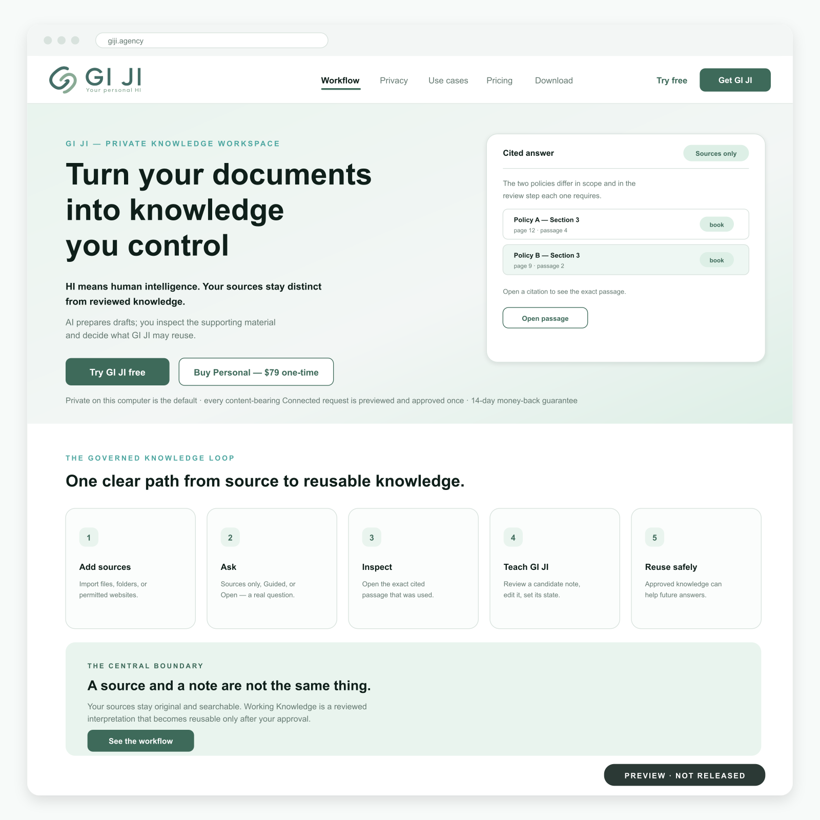A browser window showing the GI JI site drawn in the Sage Mist colour direction: pale sage background, deep green headline and buttons.